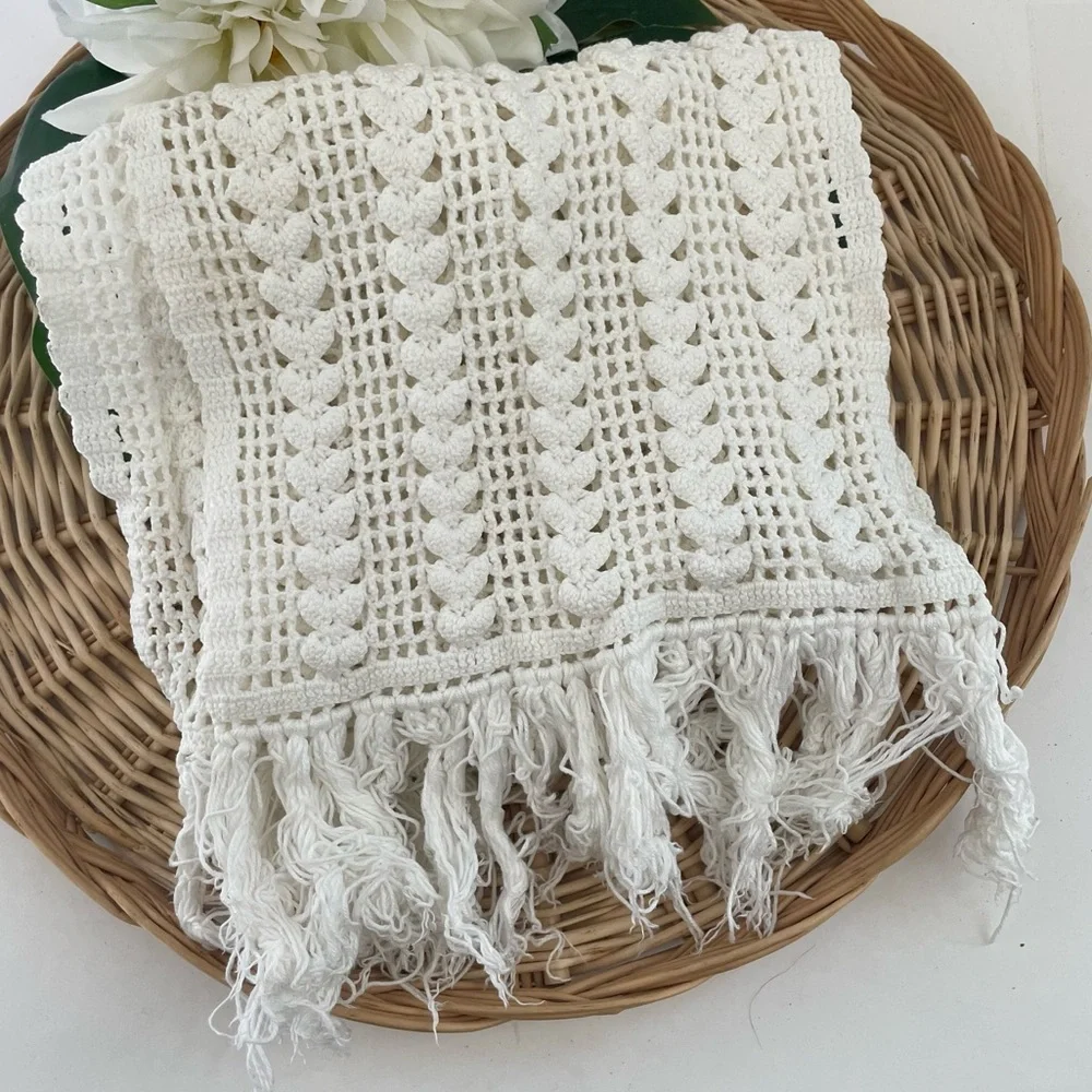 Bohemian handmade crochet scarf heart design fringed tassel detailing
